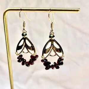Handmade Vintage Gold Tone Bee and Garnet Chip Earrings